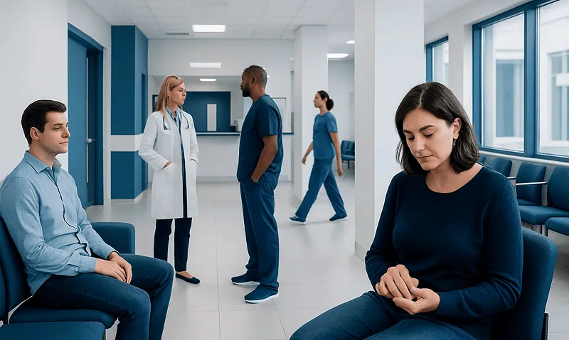 Patients and healthcare professionals in a hospital corridor.