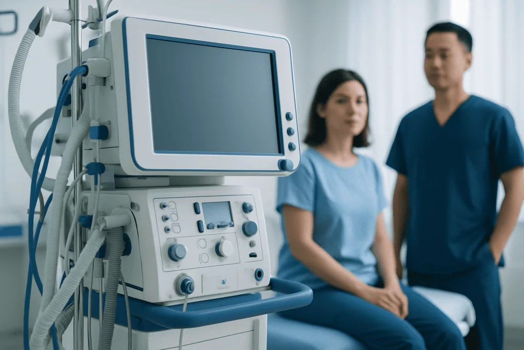 Medical professionals in a hospital room with monitoring equipment.