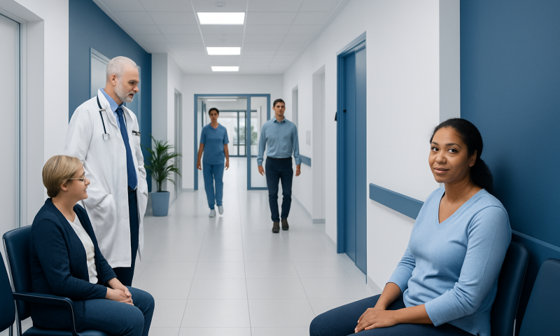 Patients and medical staff in a hospital corridor at Acibadem Hospitals Group.