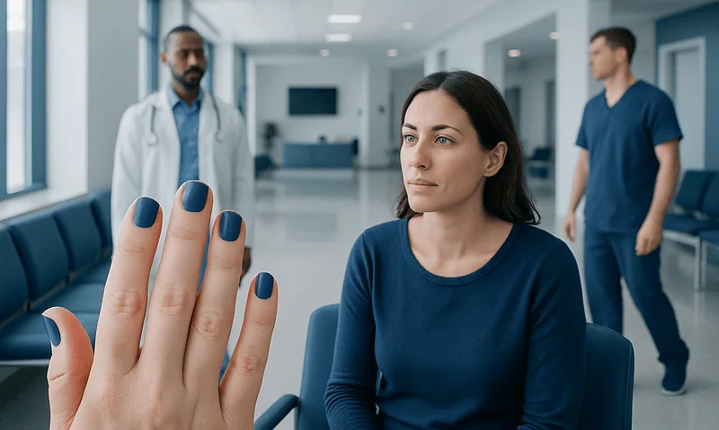 Medical consultation with a woman showing her blue nails in a hospital setting.