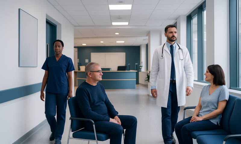 Medical team consulting with patients in a hospital corridor.