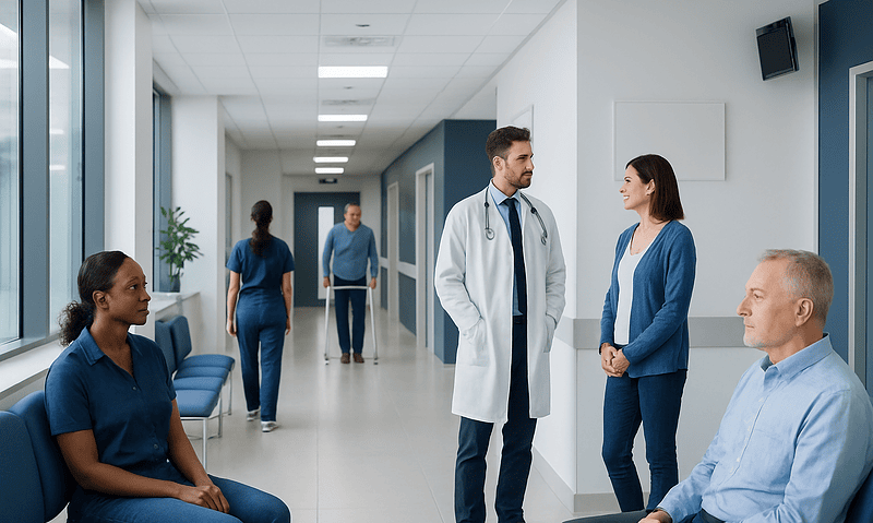 Medical staff and patients in a hospital corridor at Acibadem Hospitals Group.