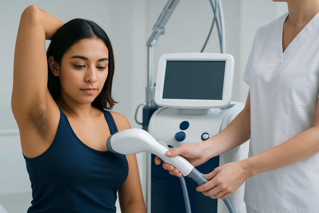 Medical professional using laser device on woman's underarm for skin treatment.