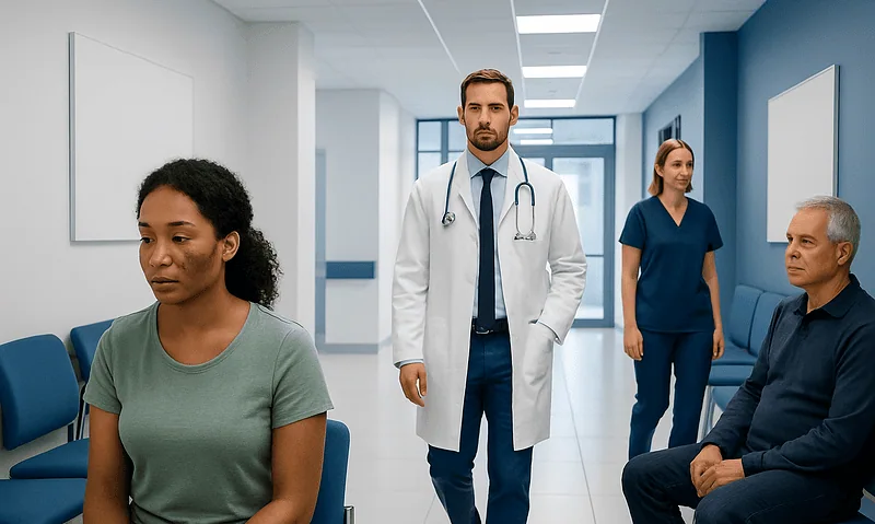 Medical consultation in a hospital corridor with patients and doctors.