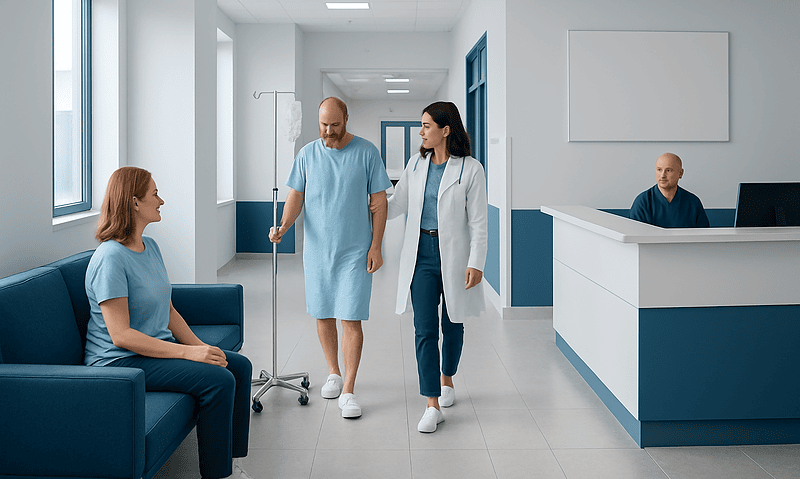 Hospital staff assisting a patient after day surgery at Acibadem Hospitals Group.