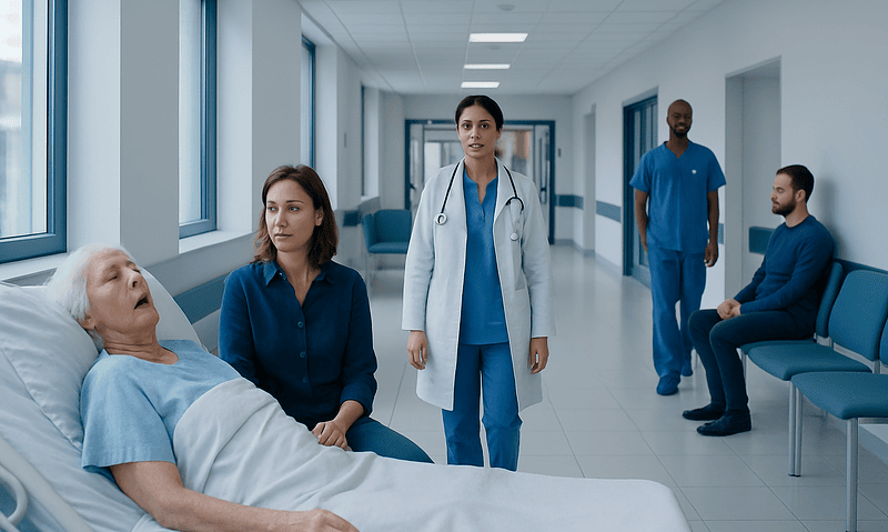 Medical team examining a patient in a hospital corridor.