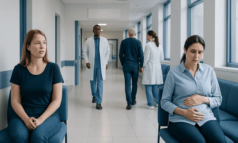 Patients waiting in hospital corridor with medical staff in background.