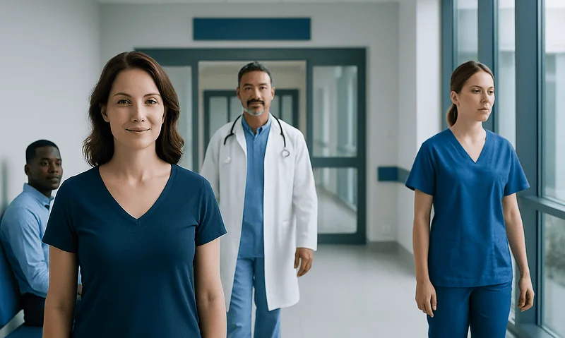 Healthcare professionals in hospital corridor, diverse team, medical staff, patient care.
