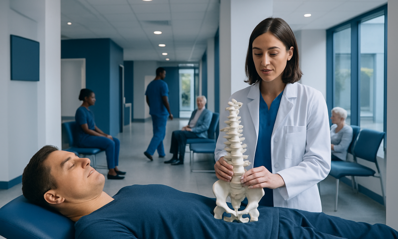 Doctor explaining spinal anatomy to patient in hospital corridor.
