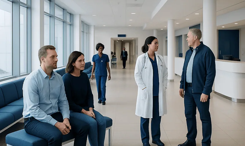 Hospital waiting area with medical staff and patients engaging in conversation.