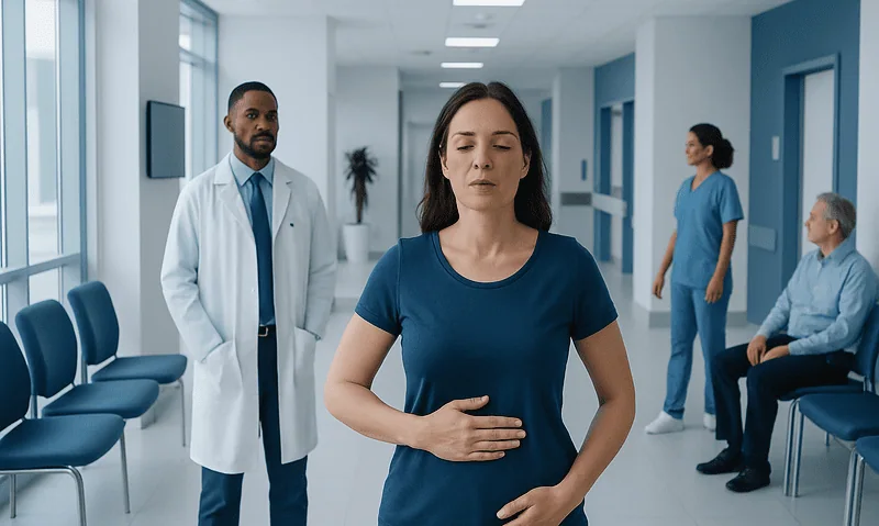 Woman practicing deep breathing in a hospital corridor with medical staff nearby.