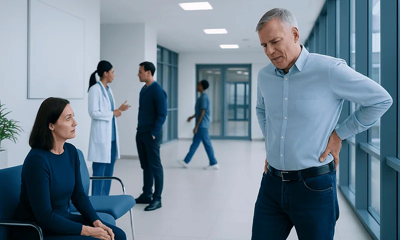 Patient experiencing back pain during consultation at Acibadem Hospital.