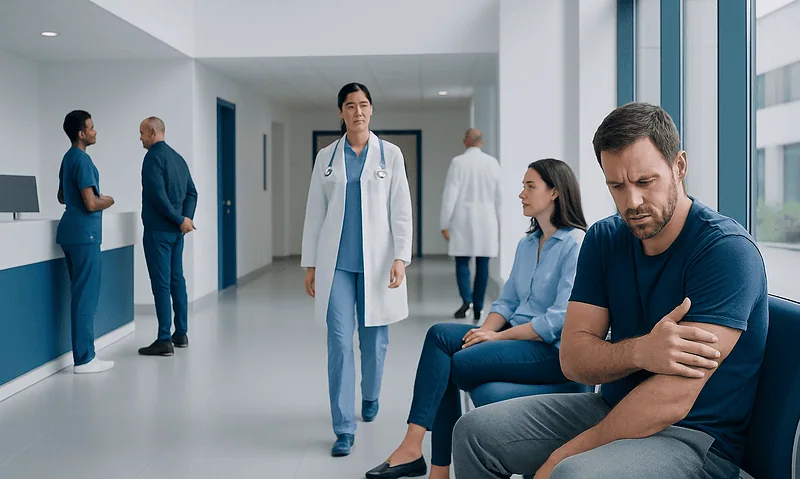 Patient experiencing arm pain in hospital corridor with medical staff nearby.