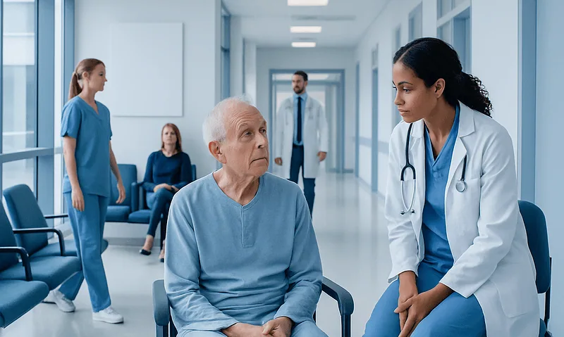 Healthcare professionals and patient in hospital corridor for delirium care.