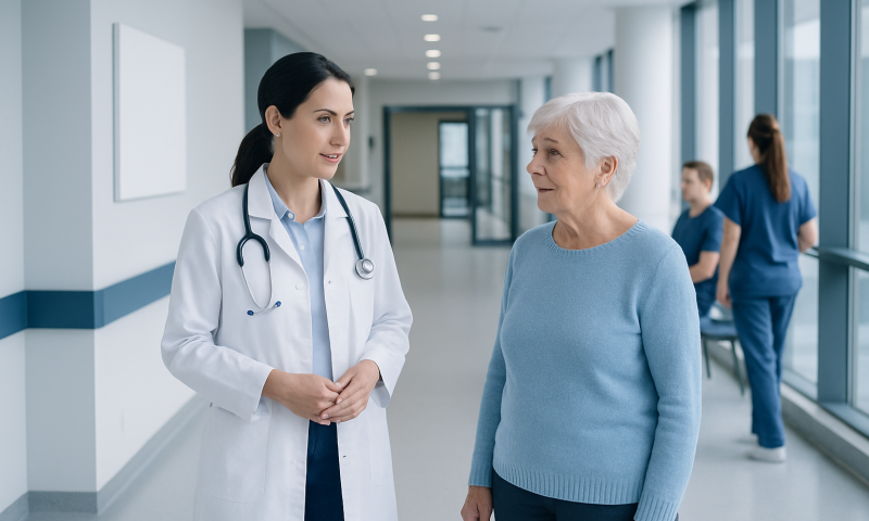 Doctor talking to elderly woman in hospital corridor.