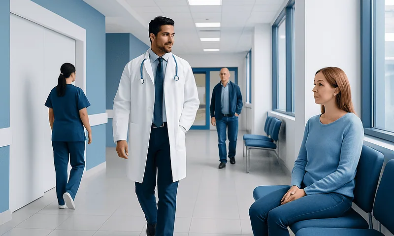 Doctor talking to a patient in a hospital corridor at Acibadem Hospitals Group.