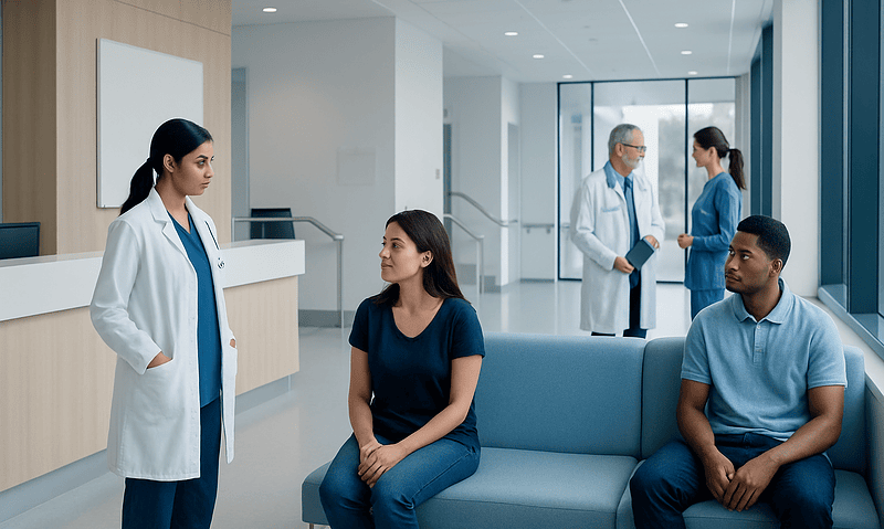 Medical consultation in a modern hospital waiting area with healthcare professionals and patients.