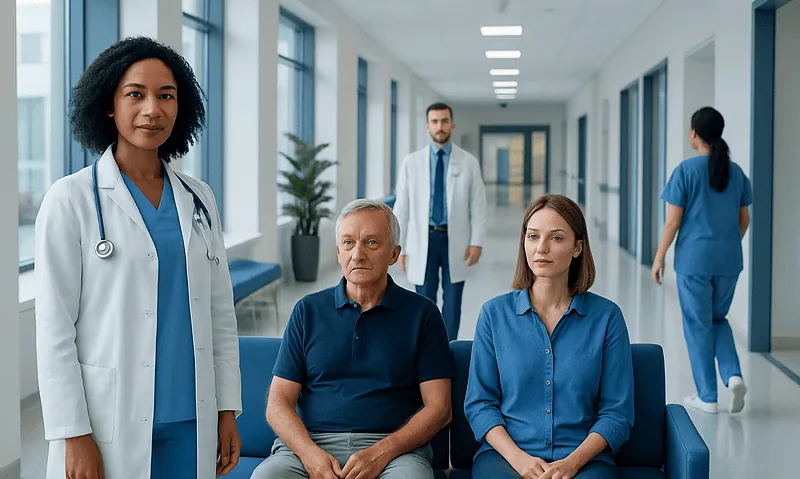 Diverse medical team with patients in hospital corridor at Acibadem Hospitals Group.