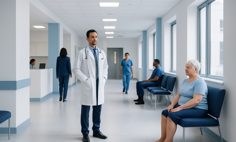 Doctor consulting elderly patient in hospital corridor.