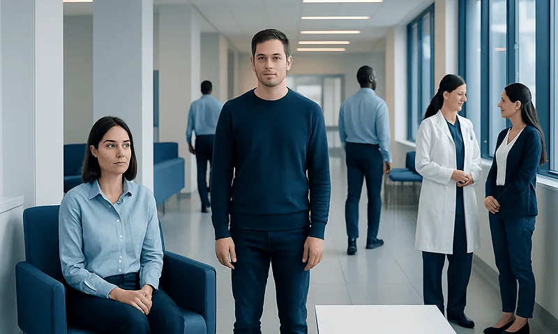 Group of diverse medical professionals and patients in a hospital corridor.