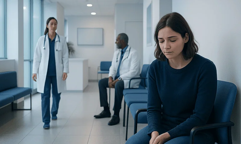 Young woman in a waiting room feeling distressed, with medical staff nearby.