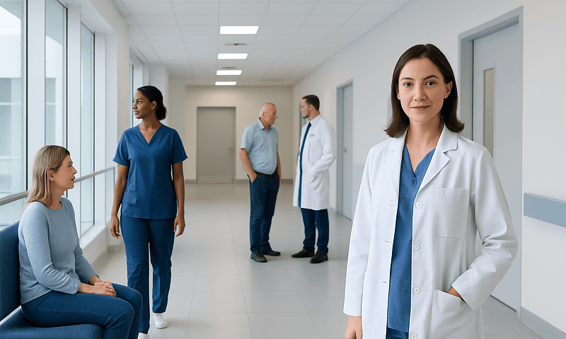 Medical professionals and patient in hospital corridor at Acibadem Hospitals Group.