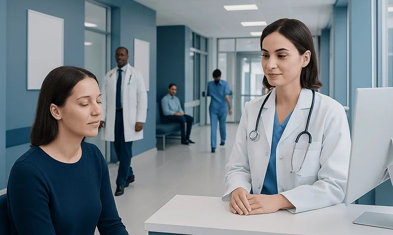 Doctor consulting patient in a modern hospital corridor.