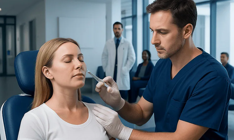 Medical professional administering dermal filler to a patient in a clinical setting.