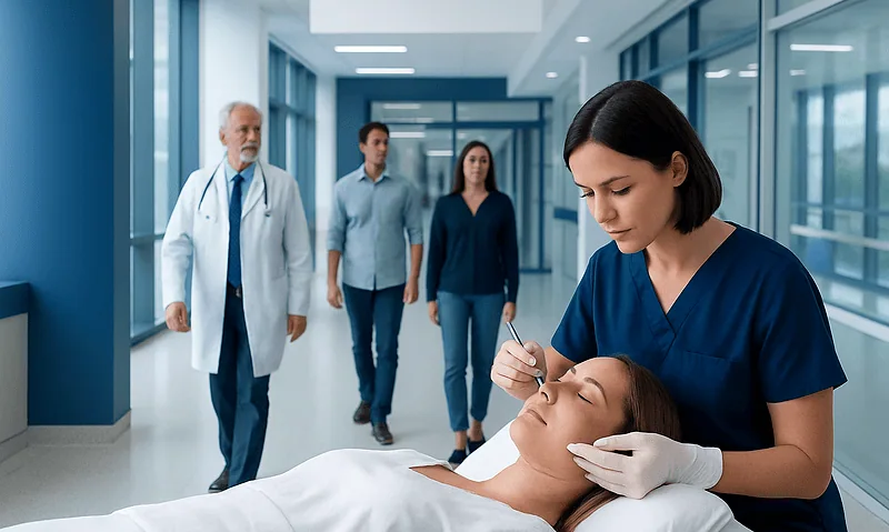 Medical professional performing dermaplaning treatment on patient in clinic.