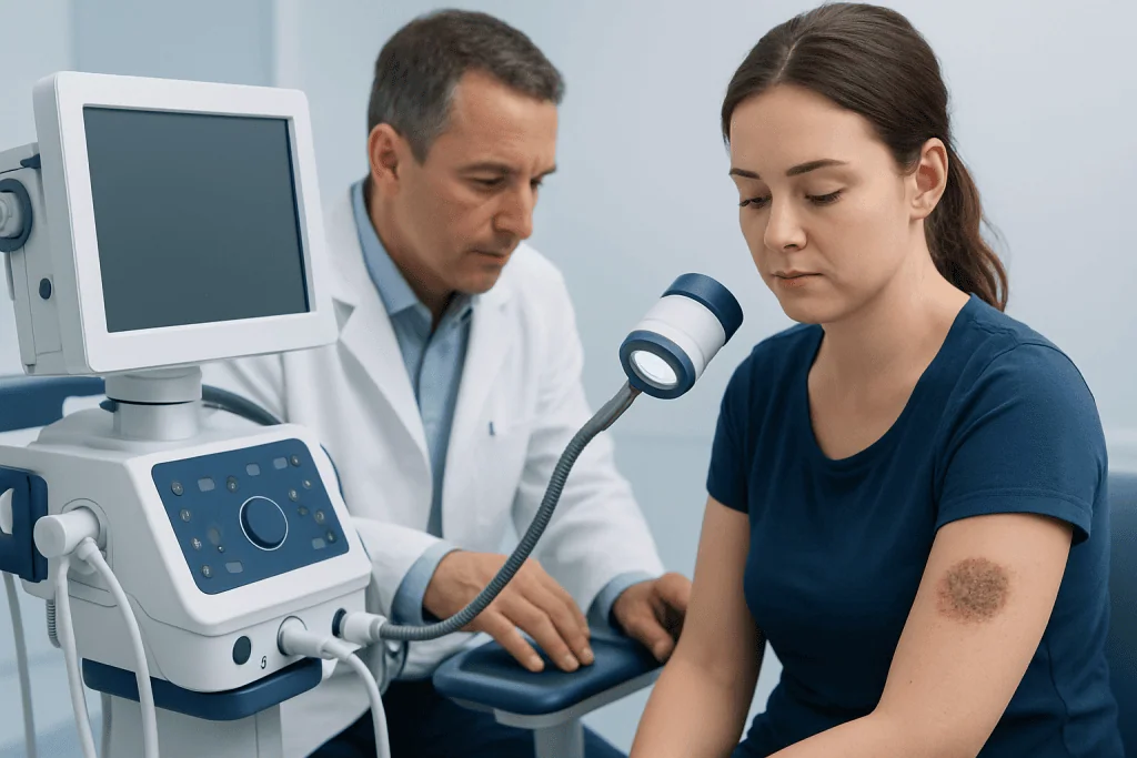 Doctor examining a patient's skin lesion with ultrasound device in clinic.