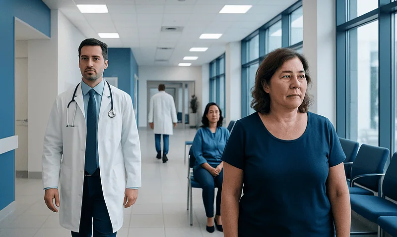 Medical professionals and patient in hospital corridor at Acibadem Hospitals Group.