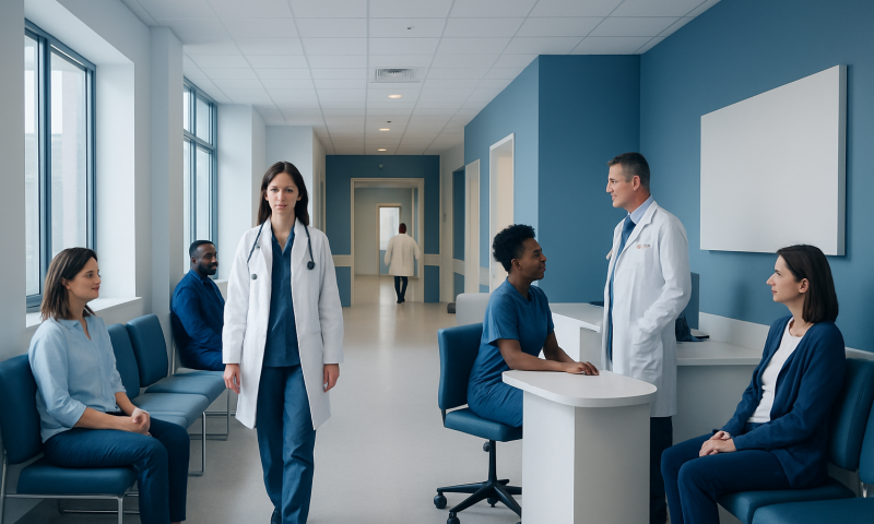 Medical team discussing patient care in hospital corridor.