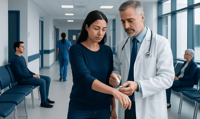 Doctor examining patient's wrist in hospital corridor.