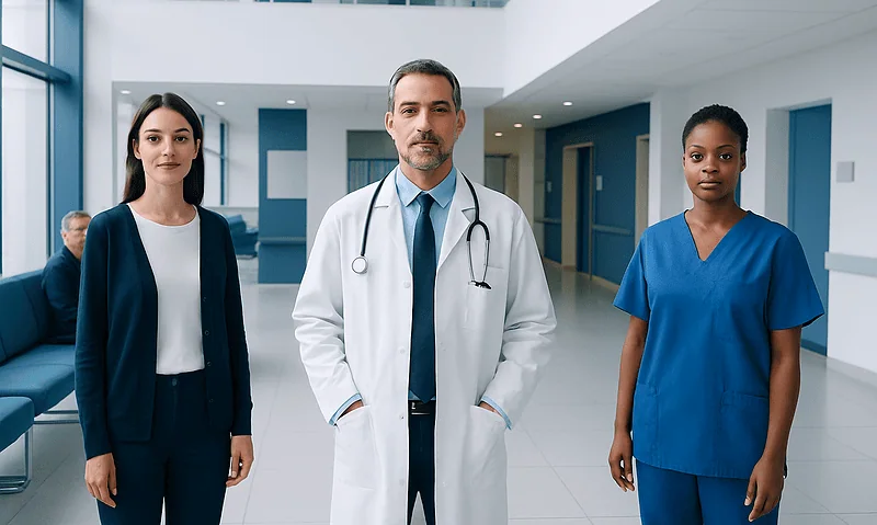 Medical team in hospital corridor with doctor and nurses.