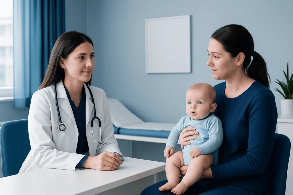 Doctor consulting with mother and baby in a hospital room.