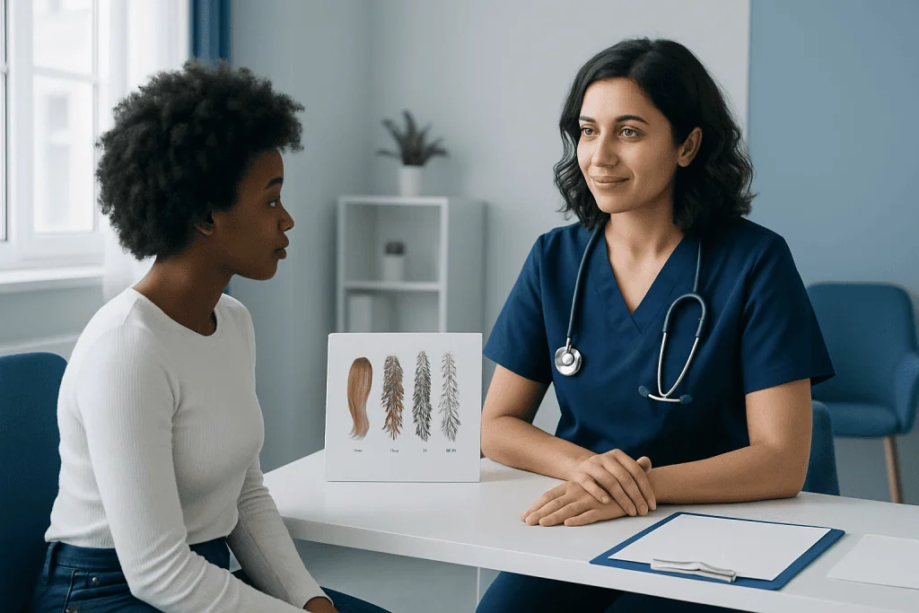 Doctor consulting a patient about hair types in a clinic setting.