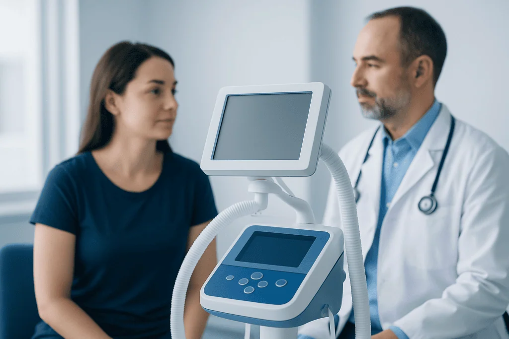 Doctor and patient discussing health with medical equipment in clinic.