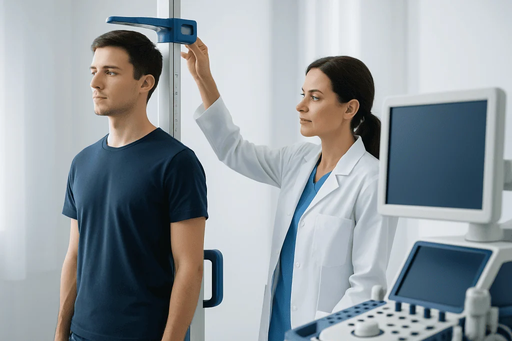 Medical professional measuring a young man's height in a clinical setting.