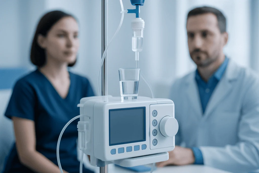 Medical professionals discussing patient care in a hospital setting.