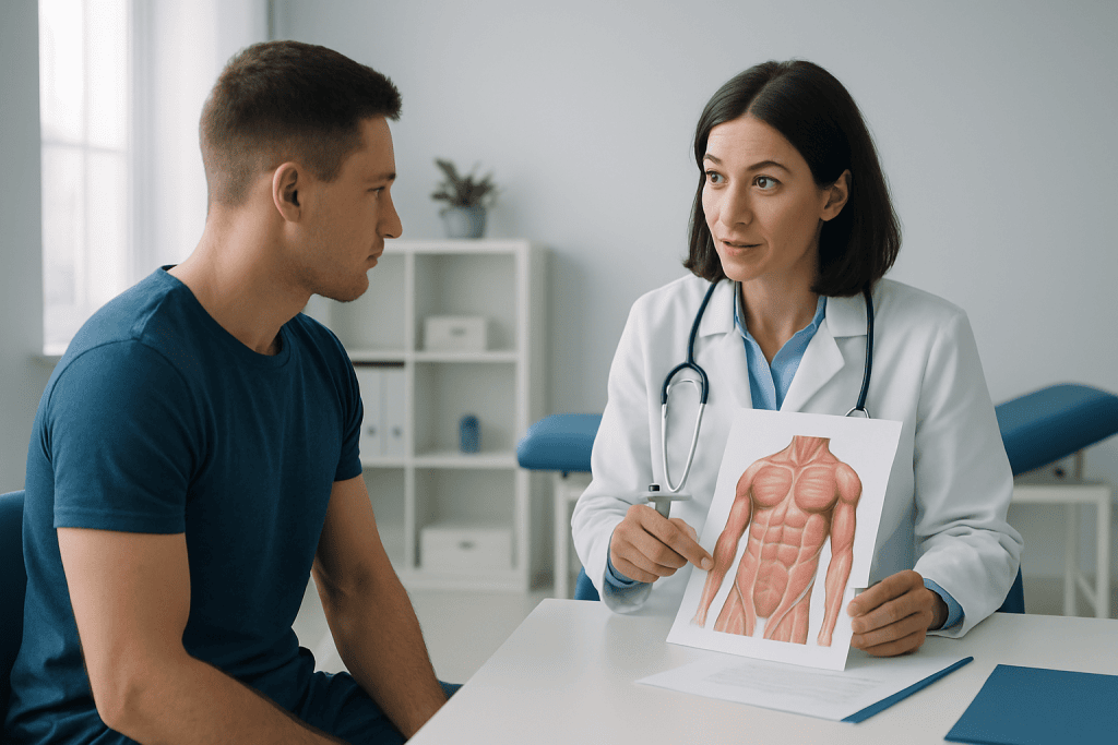 Doctor explaining abdominal muscles to patient in consultation room.