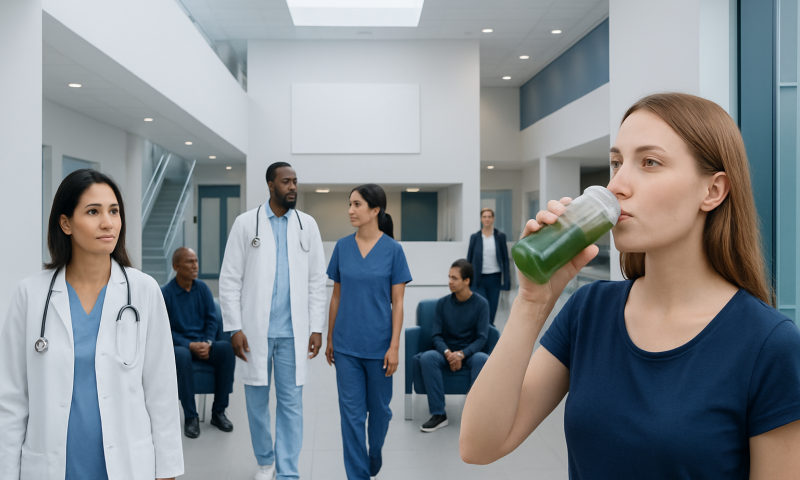 Young woman drinking green juice in hospital waiting area with medical staff.