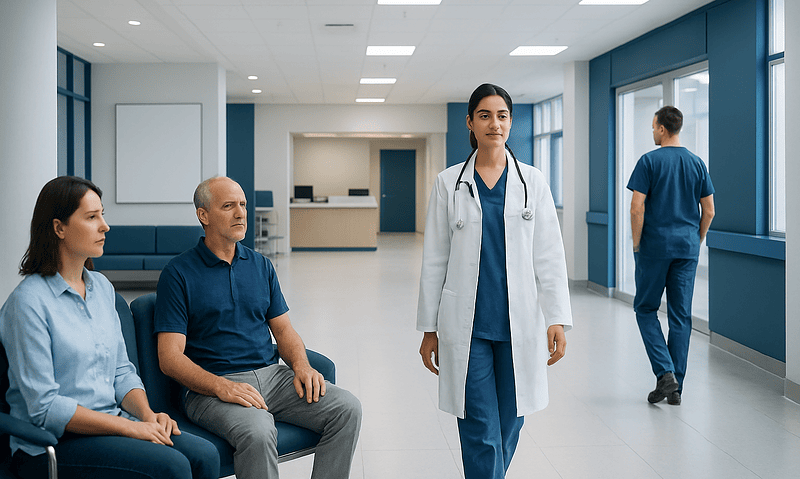 Medical professionals and patients in a hospital corridor at Acibadem Hospitals Group.