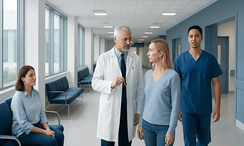 Medical team consulting patient in hospital corridor at Acibadem Hospitals Group.