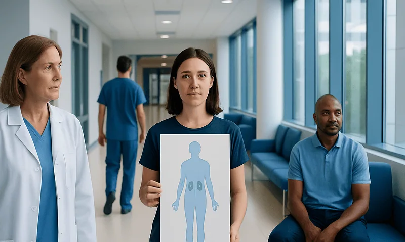 Medical professional holding a diagram of the human body in a hospital corridor.