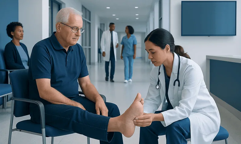 Doctor examining elderly patient's foot in hospital corridor.