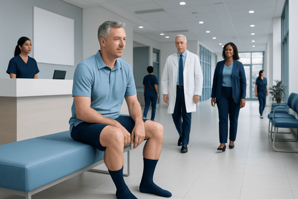 Diabetic Socks — Explained by Medical Evidence, Not Myths 1 Patient sitting in hospital corridor with medical staff nearby.