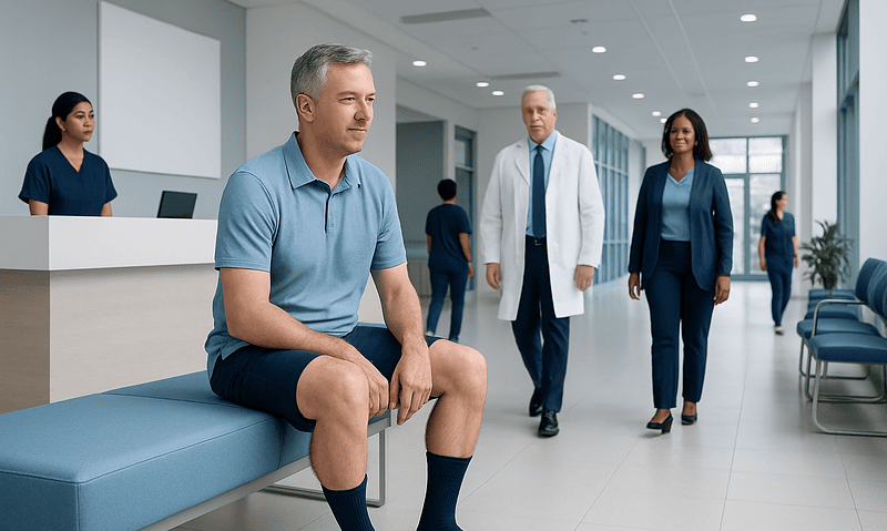 Patient sitting in hospital corridor with medical staff nearby.