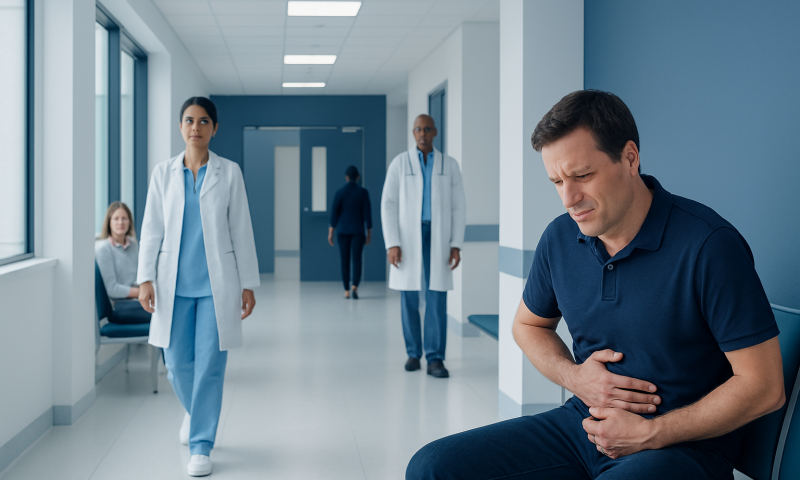 Man with stomach pain in hospital corridor with medical staff nearby.
