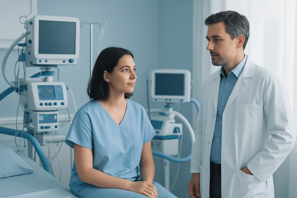 Doctor consulting female patient in hospital room with medical equipment.