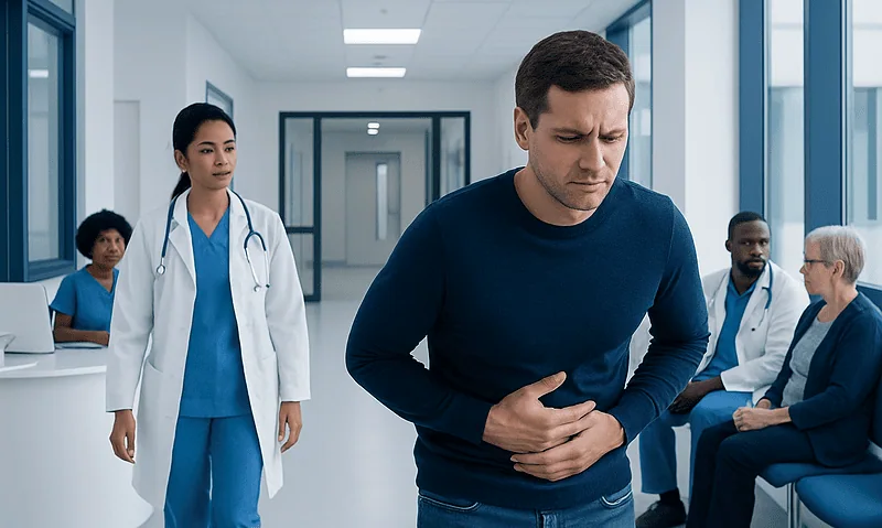 Man experiencing stomach pain in hospital corridor with medical staff and patients.